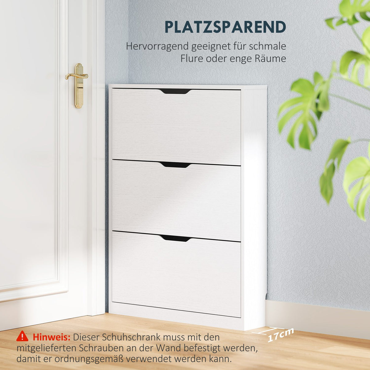 Shoe cabinet with 3 flaps, shoe rack, shoe tipper, narrow shoe chest for 9-12 pairs of shoes 80 x 17 x 108 cm, white