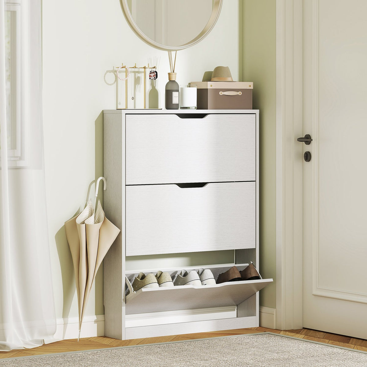 Shoe cabinet with 3 flaps, shoe rack, shoe tipper, narrow shoe chest for 9-12 pairs of shoes 80 x 17 x 108 cm, white