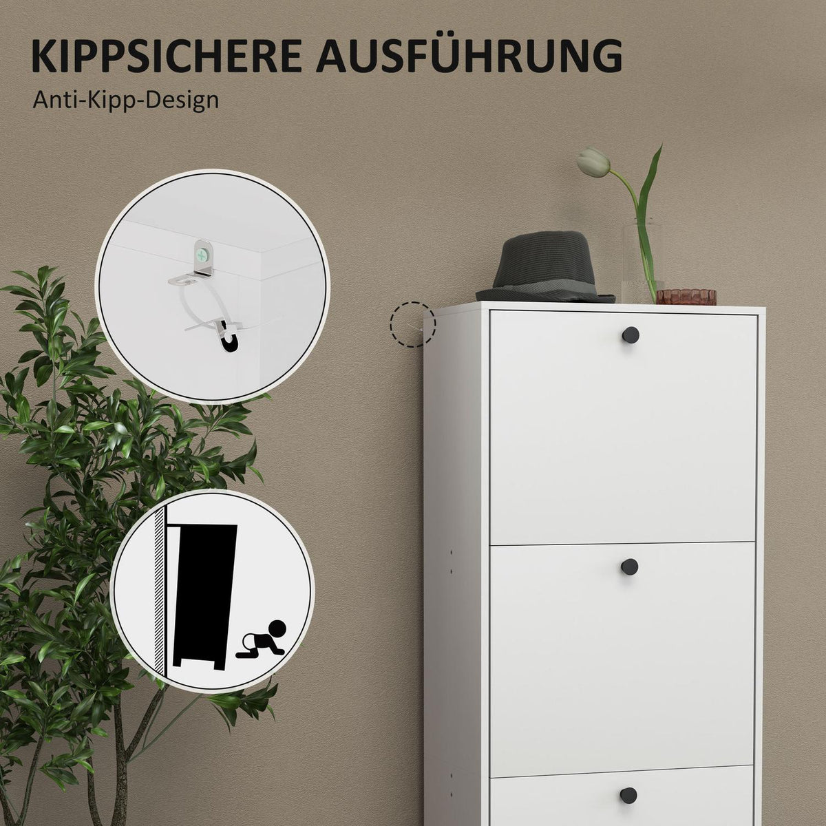 Shoe cabinet with 3 flaps, shoe tipper, shoe rack with adjustable divider, narrow shoe chest for 12 pairs of shoes 47 x 28 x 115 cm, white