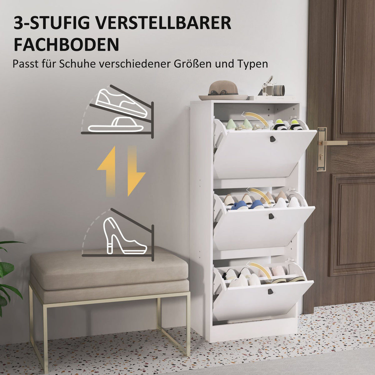 Shoe cabinet with 3 flaps, shoe tipper, shoe rack with adjustable divider, narrow shoe chest for 12 pairs of shoes 47 x 28 x 115 cm, white