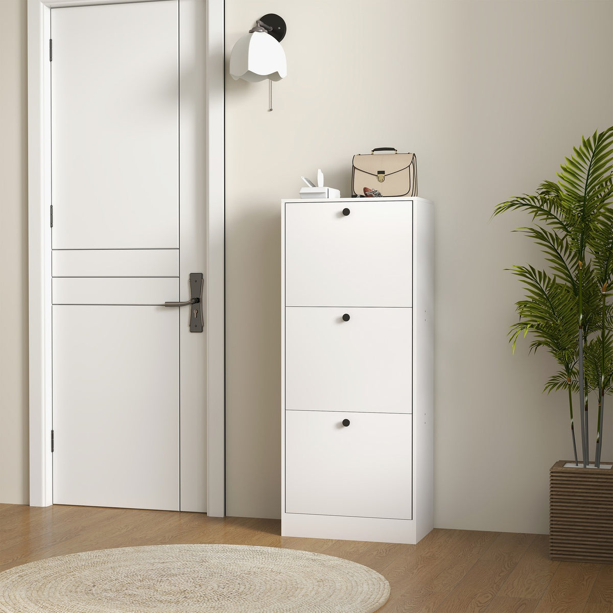 Shoe cabinet with 3 flaps, shoe tipper, shoe rack with adjustable divider, narrow shoe chest for 12 pairs of shoes 47 x 28 x 115 cm, white