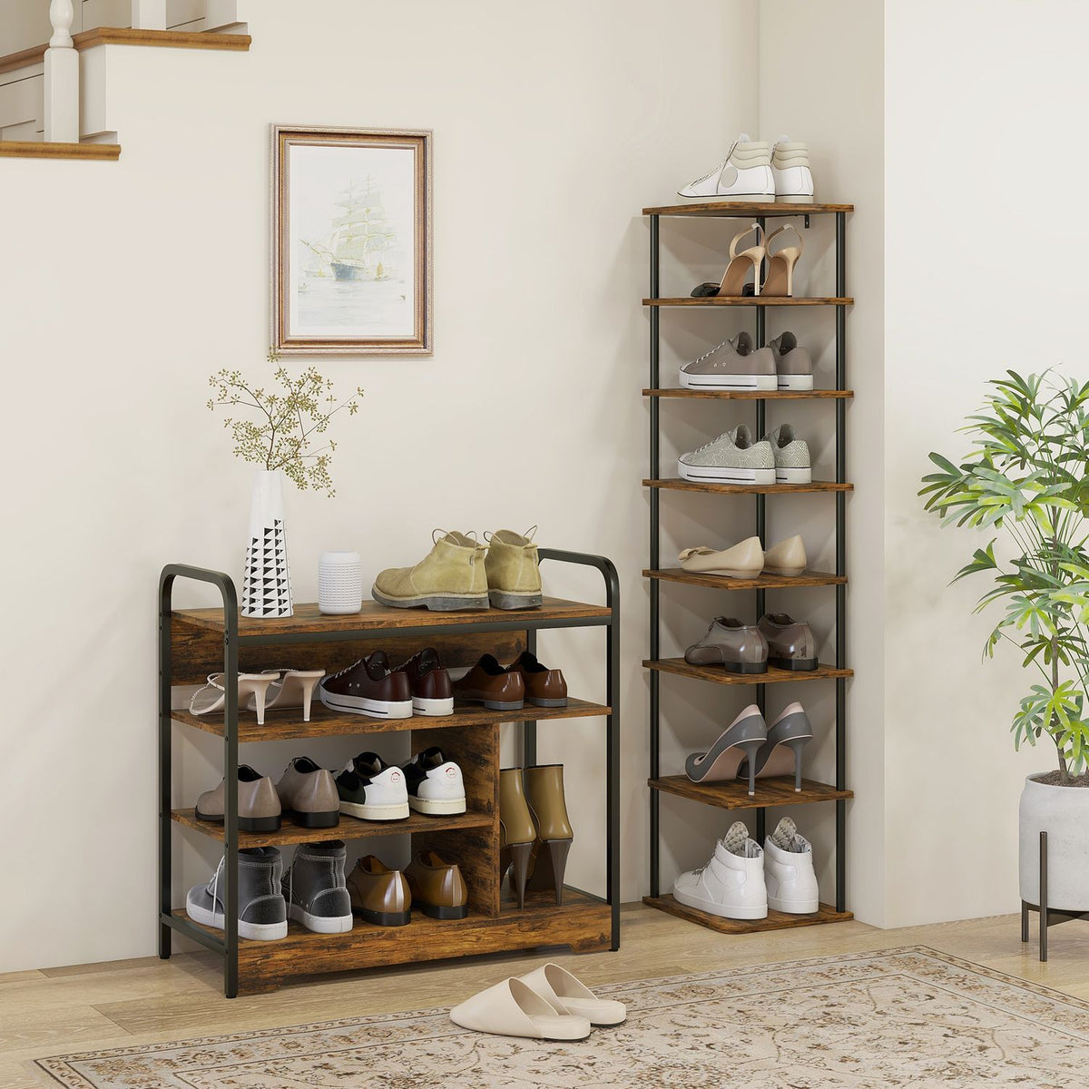 Shoe rack, shoe stand, 4 levels with handle for max. 11 pairs of shoes, shoe rack for entrance, hallway, 70 x 30 x 65 cm, rustic brown
