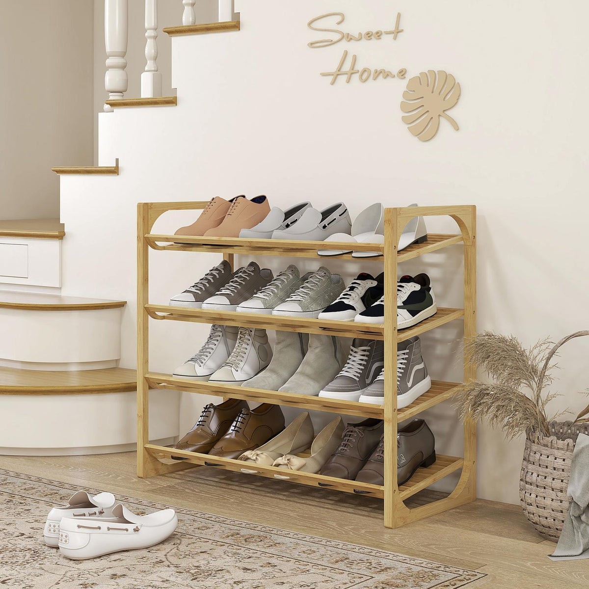 Shoe rack, shoe stand with 4 levels made of bamboo, for max. 12 pairs of shoes, shoe rack with handle for entrance, bedroom, 76 x 33 x 67 cm, natural