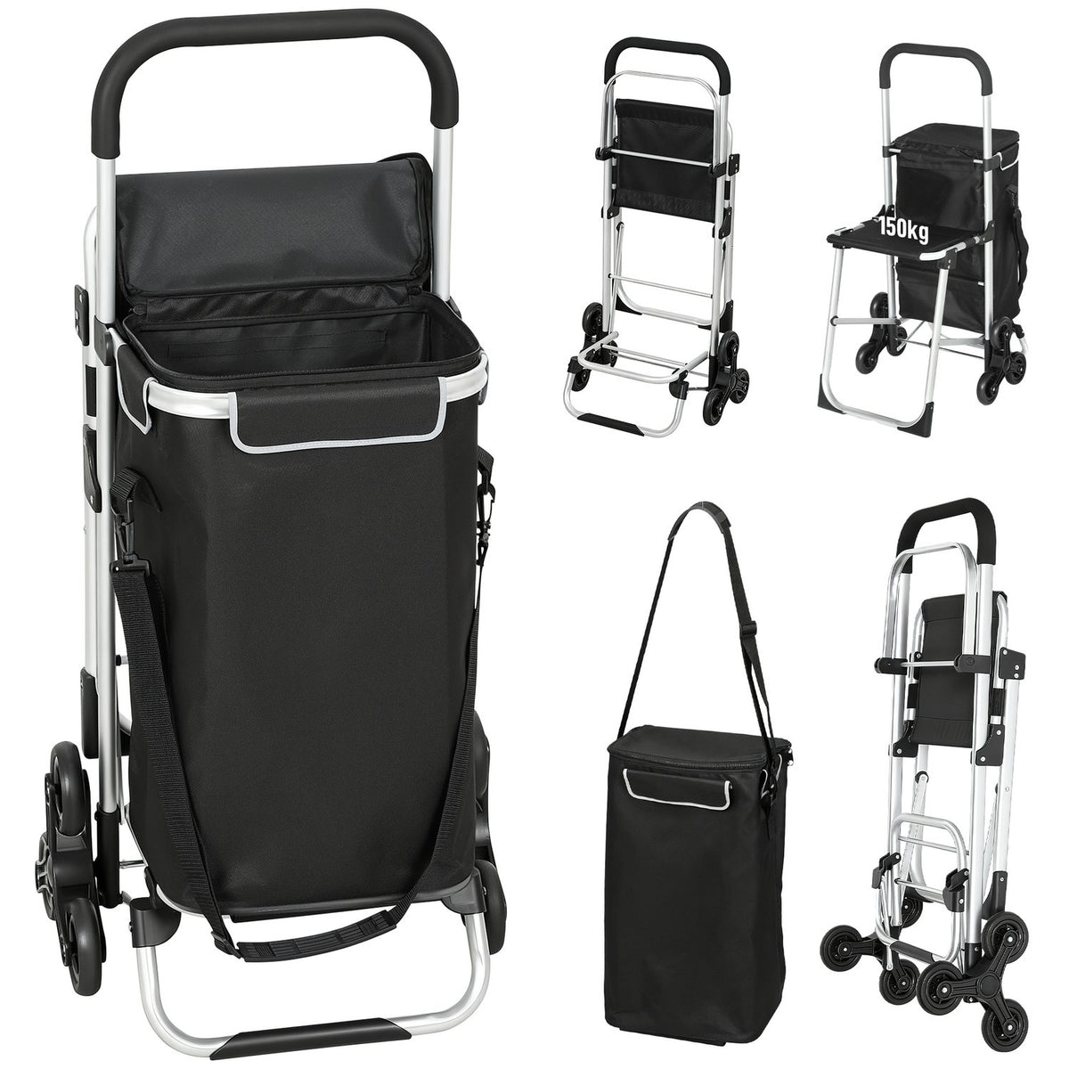 Shopping Trolley, 40L, 3-Wheel, Aluminum Frame, Seat