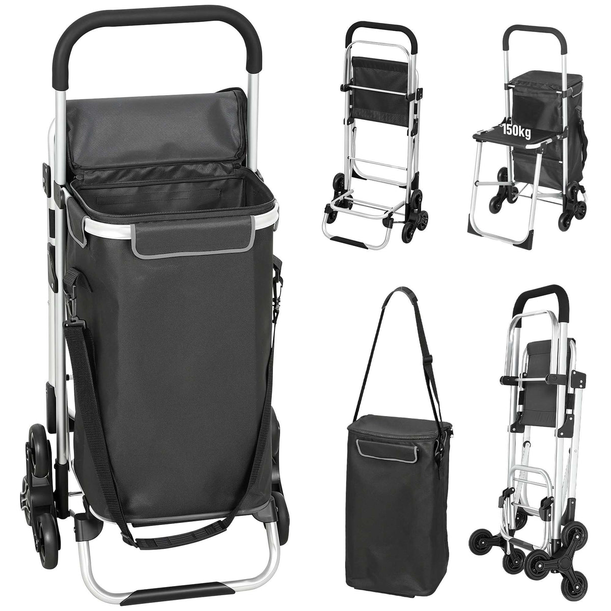 Shopping Trolley, 40L Oxford Bag, 3-Wheel Design, Dark Grey