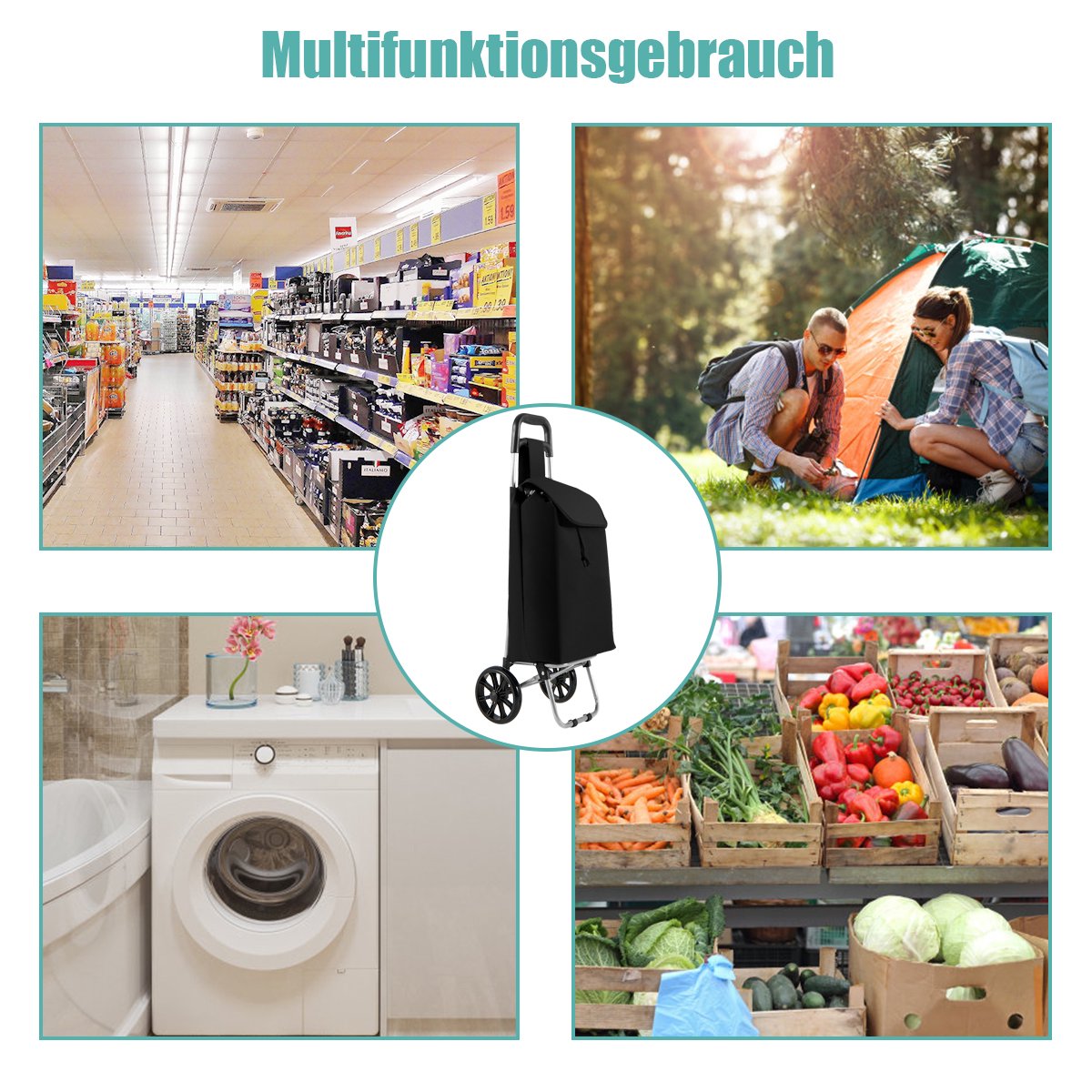 Shopping Trolley Cart, Foldable 32.8L, 35kg, 2 Wheels