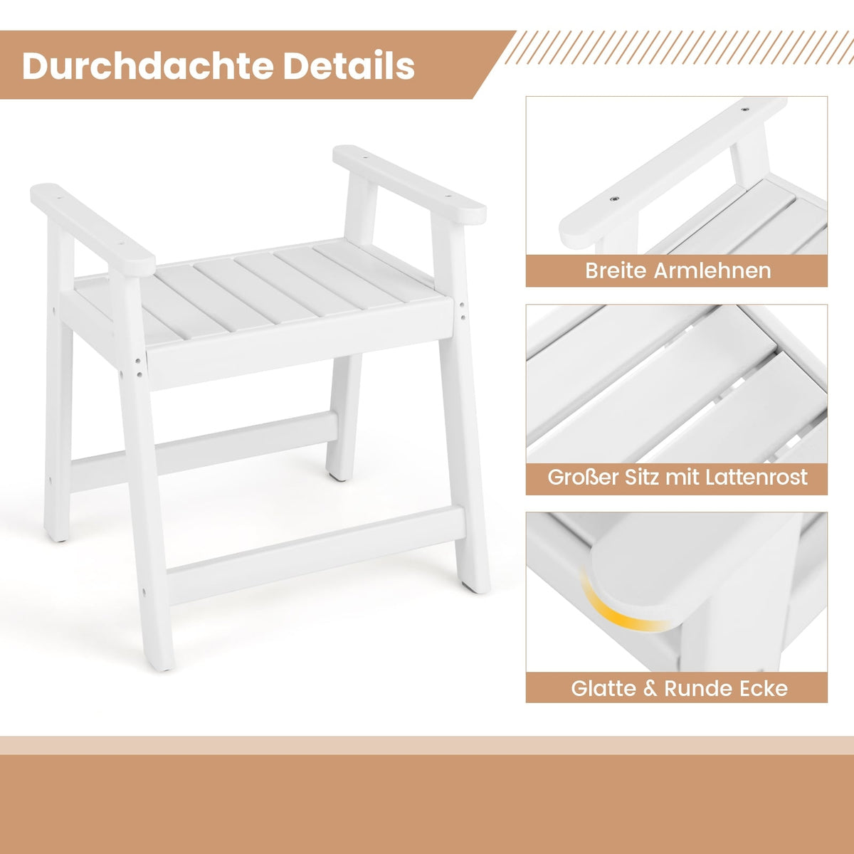 Shower Bench with Armrests, Waterproof HDPE, 150kg Capacity