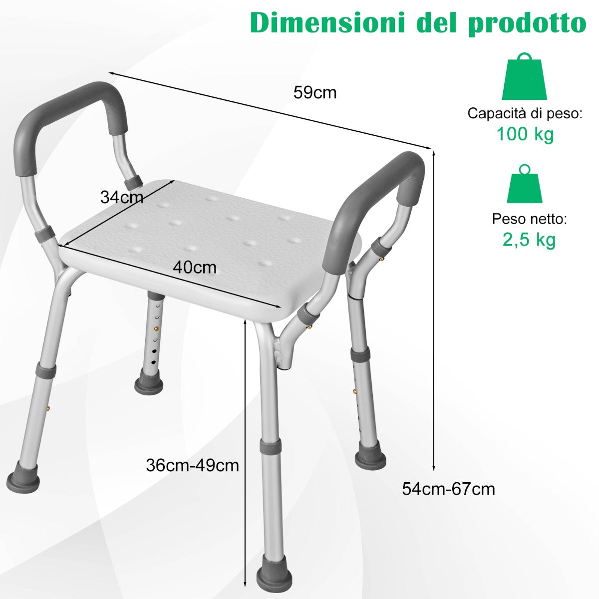 Shower Chair With Detachable Padded Arms, Height Adjustable