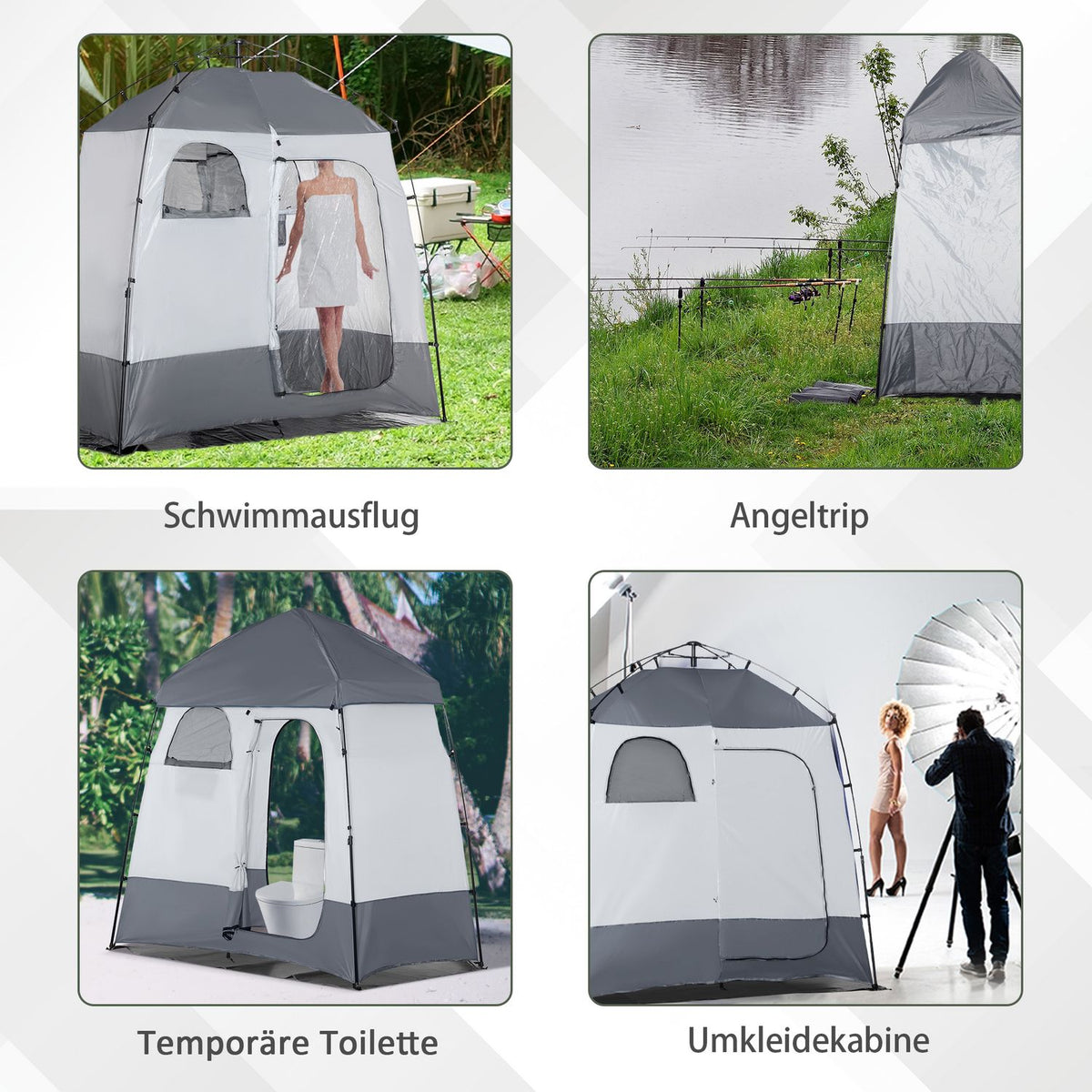 Shower Tent For 2 Persons Toilet Tent With Transport Bag, 3 Doors, 2 Windows, Changing Room, Grey
