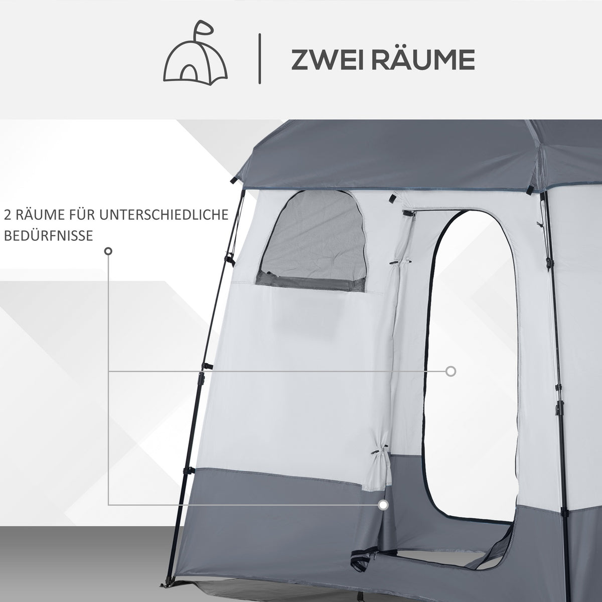 Shower Tent For 2 Persons Toilet Tent With Transport Bag, 3 Doors, 2 Windows, Changing Room, Grey