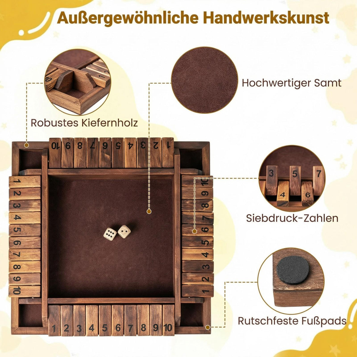 Shut The Box Game for 2-4 Players, Pine Wood, Brown