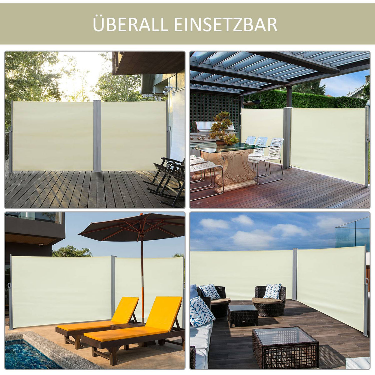 Side Awning Privacy And Sun Protection, Side Roller Blind, Uv Protection, Polyester, Cream, 600X160Cm