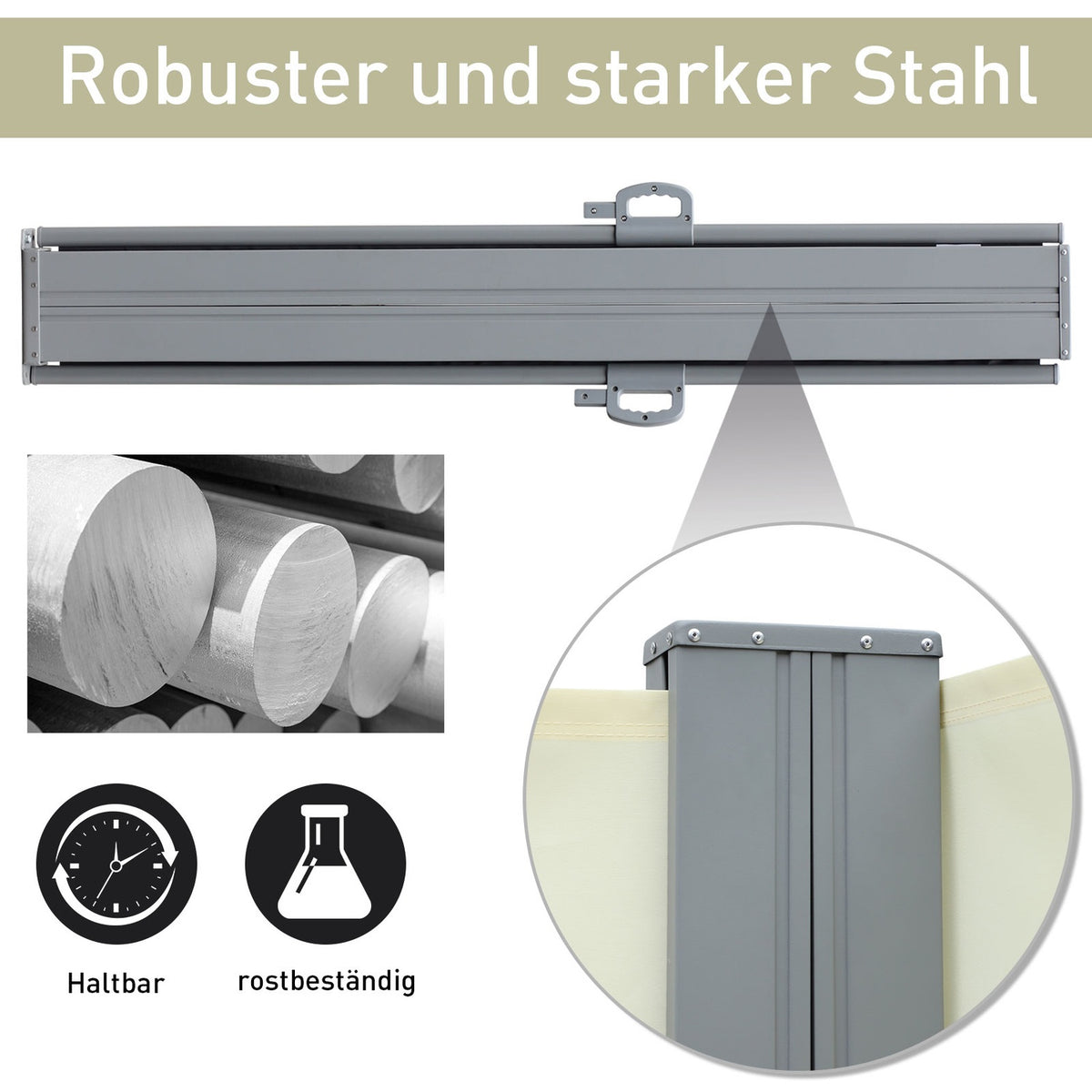 Side Awning Privacy And Sun Protection, Side Roller Blind, Uv Protection, Polyester, Cream, 600X160Cm