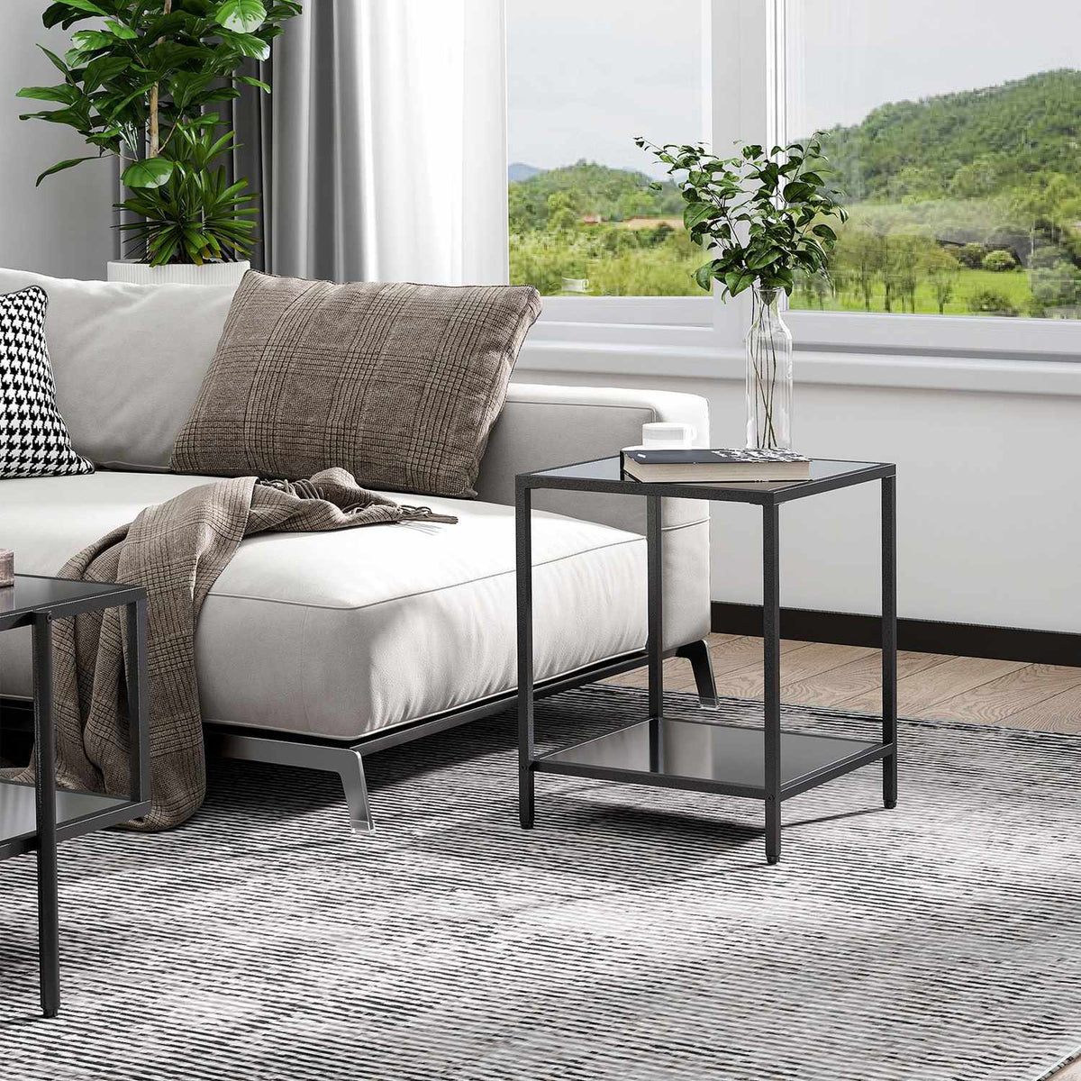 Side Table 2 Tier Coffee Table Tempered Glass Coffee Table for Living Room Bedroom 40 x 40 x 50 cm Steel Black