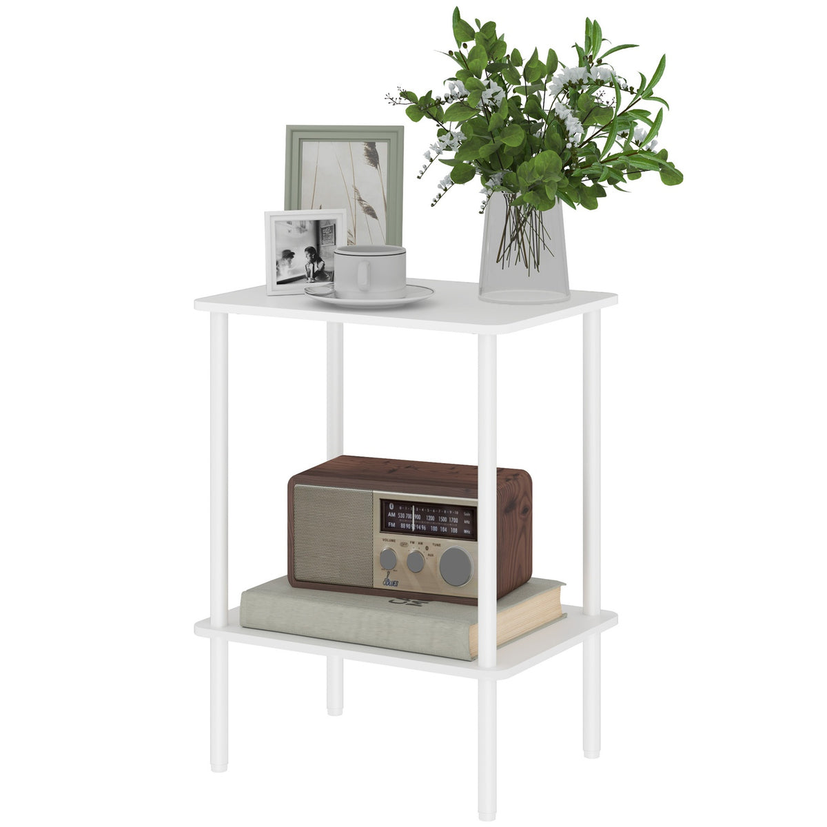 Side Table, 2 Tier Coffee Table with Storage Compartment and Metal Frame, Modern Coffee Table for Living Room, Bedroom, White