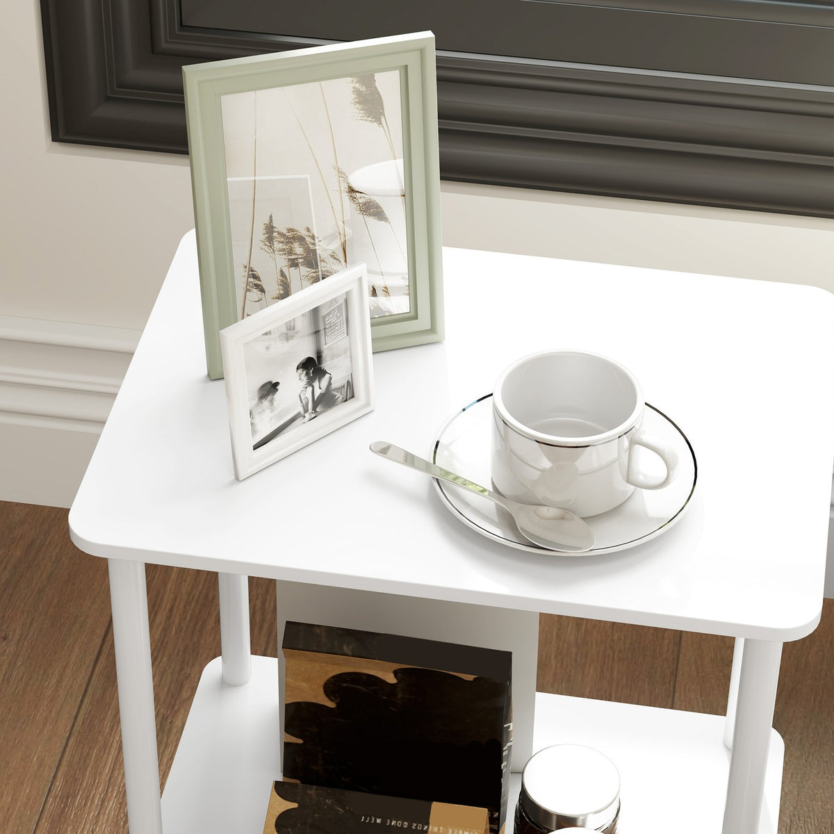 Side Table, 2 Tier Coffee Table with Storage Compartment and Metal Frame, Modern Coffee Table for Living Room, Bedroom, White