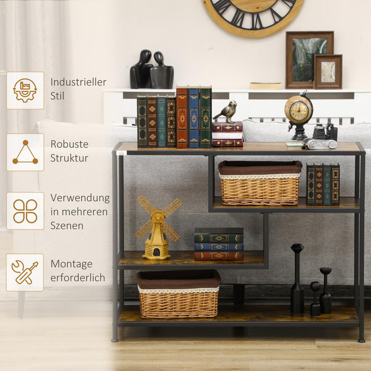 Side Table Black Console Table Narrow With 4 Levels & Tip Protection, Industrial Design, Steel, For Hallway