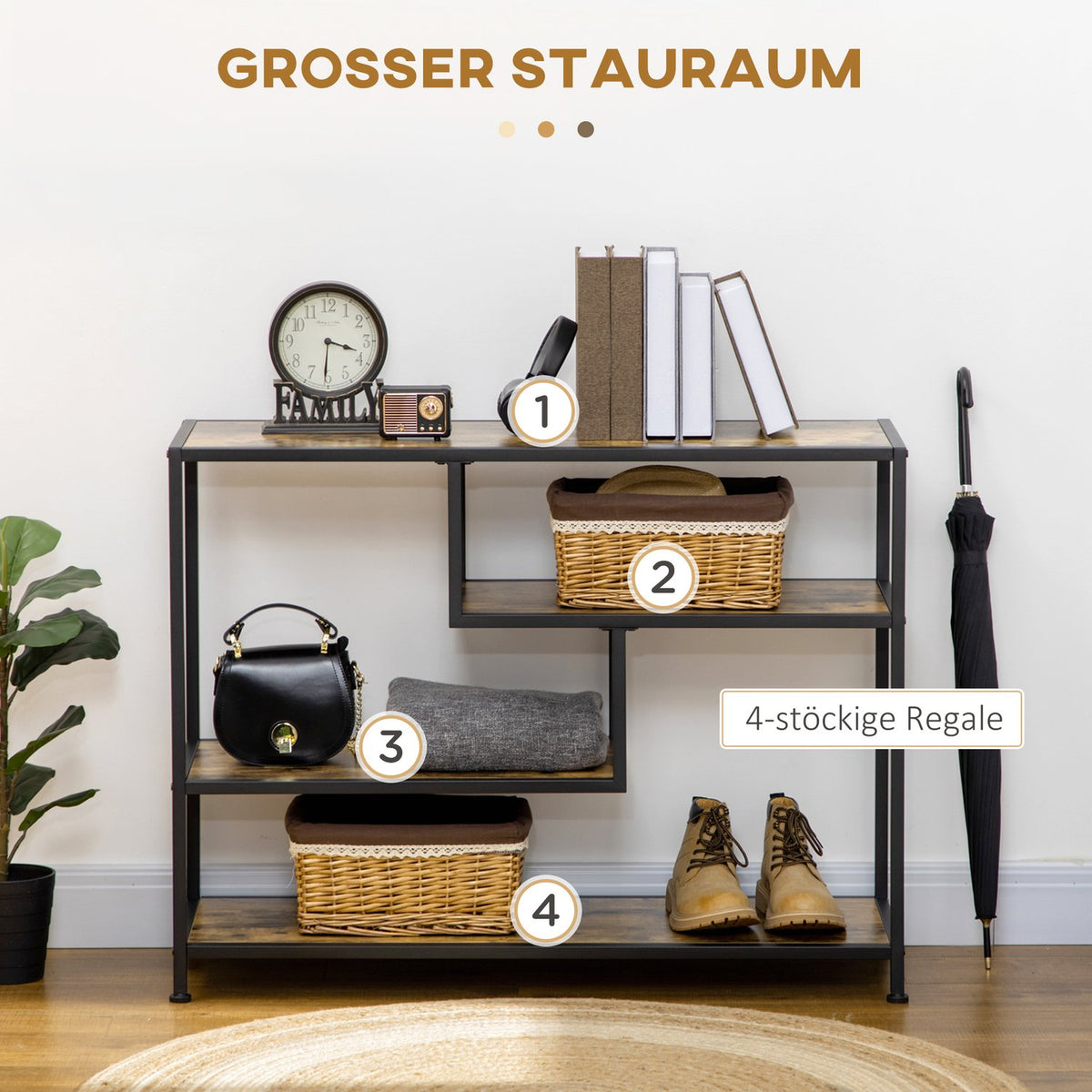 Side Table Black Console Table Narrow With 4 Levels & Tip Protection, Industrial Design, Steel, For Hallway