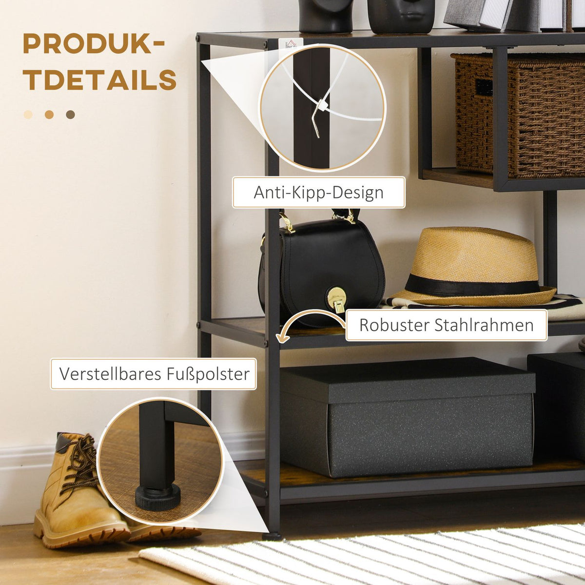 Side Table Black Console Table Narrow With 4 Levels & Tip Protection, Industrial Design, Steel, For Hallway