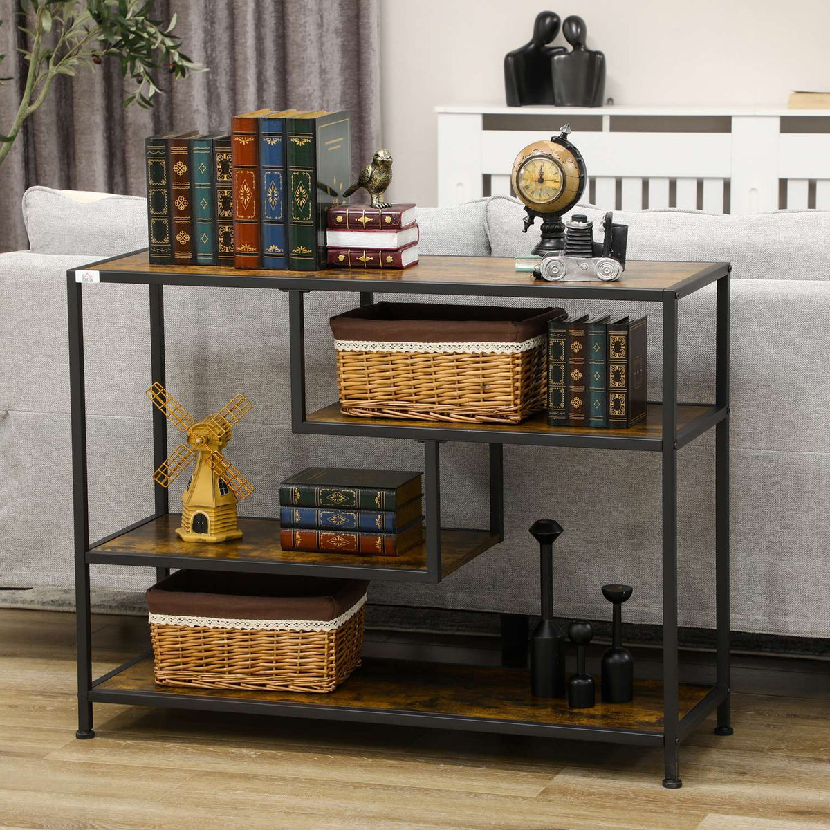 Side Table Black Console Table Narrow With 4 Levels & Tip Protection, Industrial Design, Steel, For Hallway