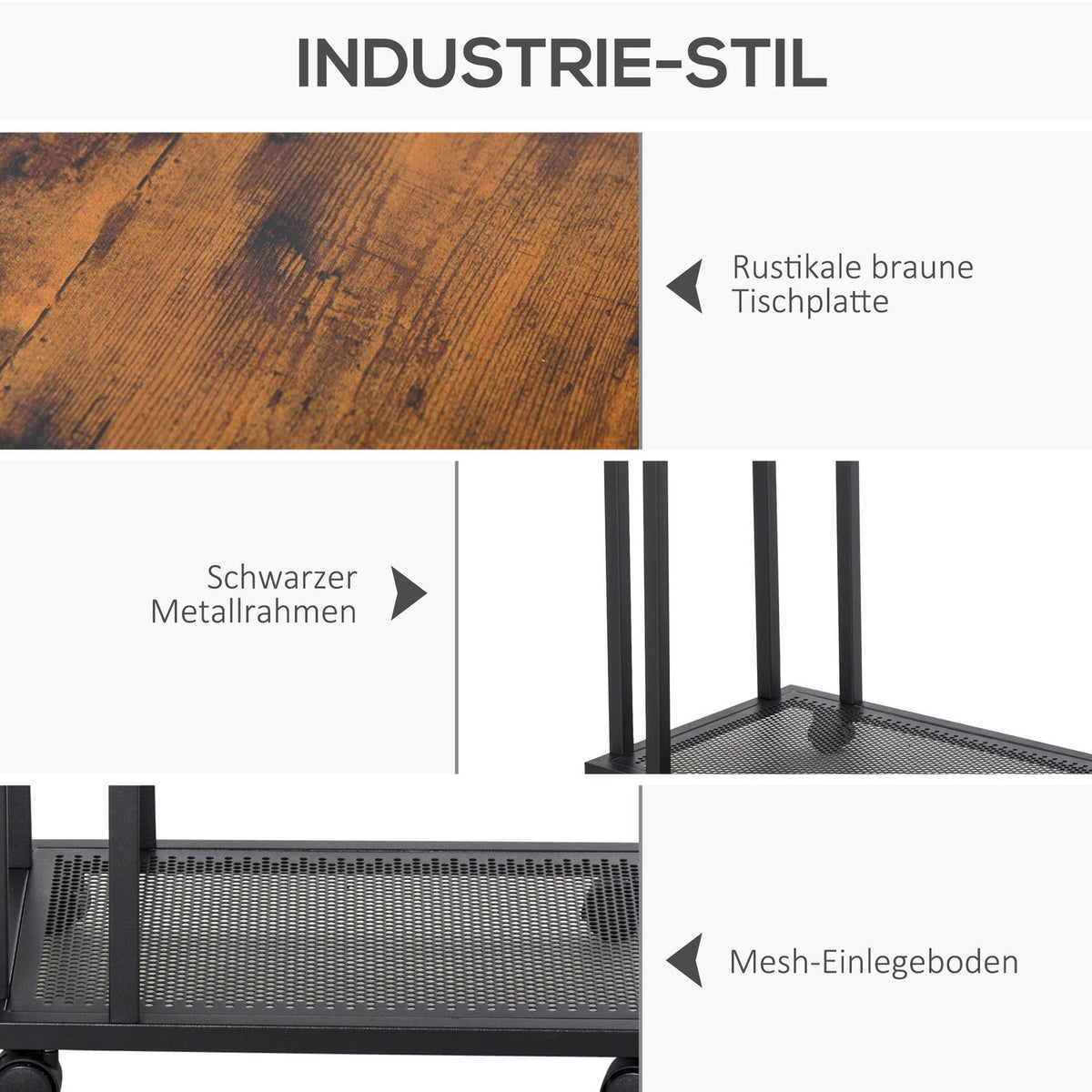 Side Table C-Shape Rollable Trolley, Serving Trolley, Side Table, Wood + Metal, Black + Walnut, 51X36X65 Cm