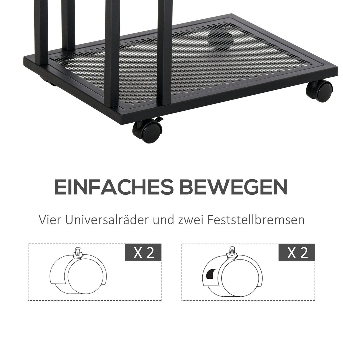Side Table C-Shape Rollable Trolley, Serving Trolley, Side Table, Wood + Metal, Black + Walnut, 51X36X65 Cm