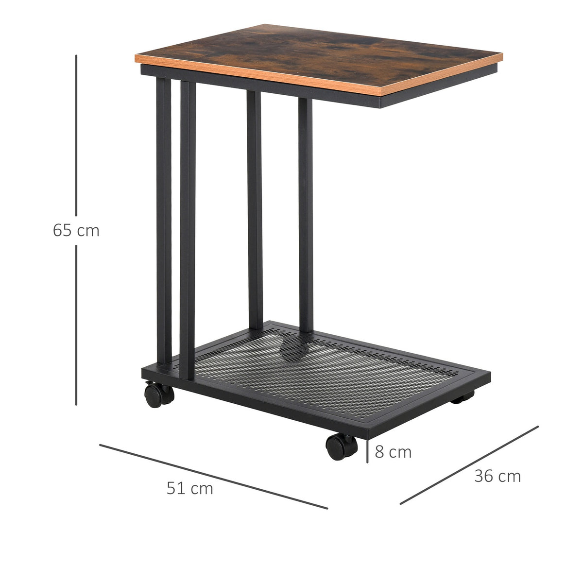 Side Table C-Shape Rollable Trolley, Serving Trolley, Side Table, Wood + Metal, Black + Walnut, 51X36X65 Cm