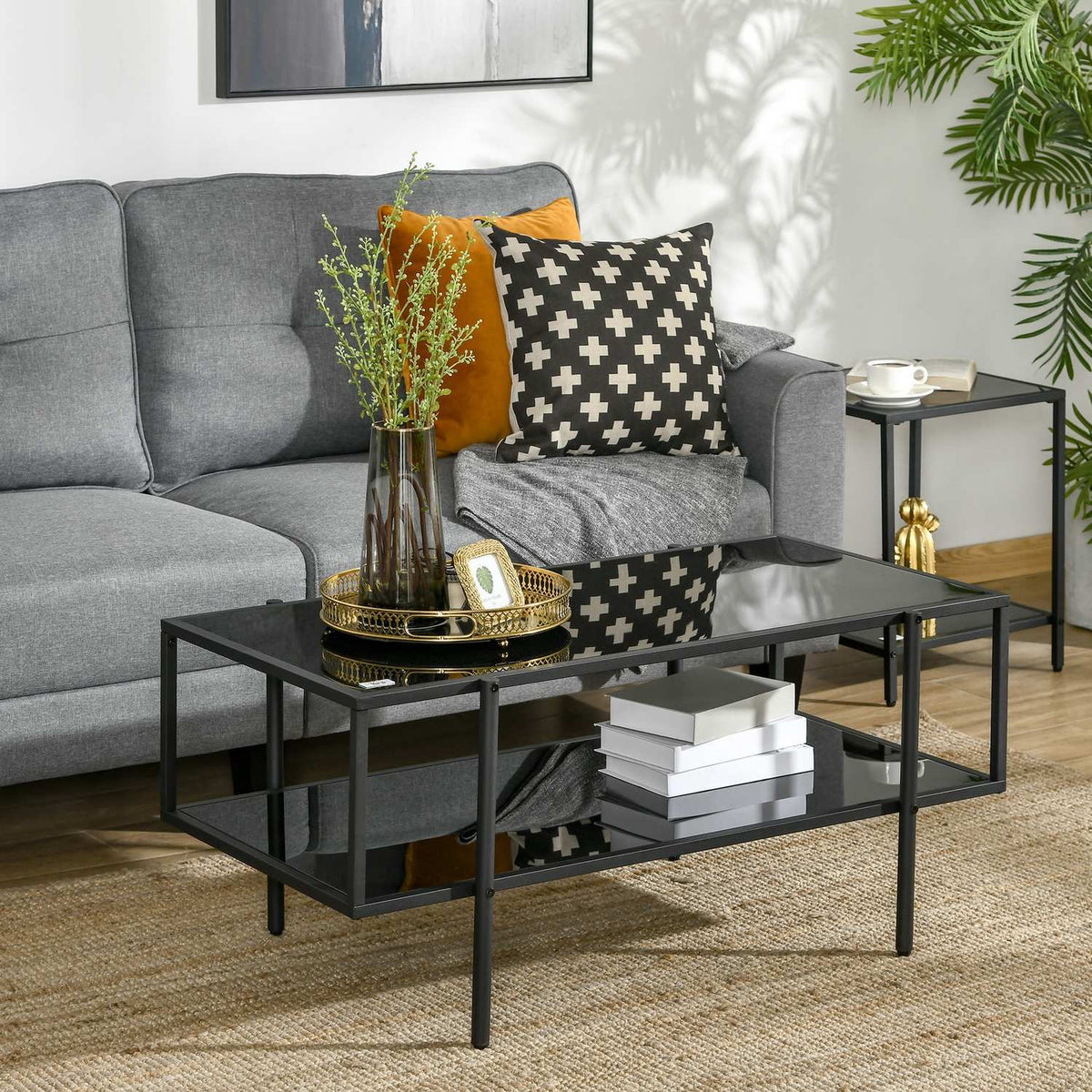 Side Table Coffee Table with 2 Shelves Tempered Glass Coffee Table for Living Room Bedroom 100 x 55 x 45.5 cm Steel Black