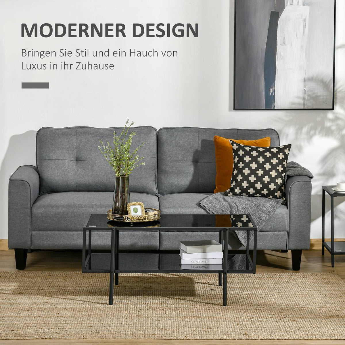 Side Table Coffee Table with 2 Shelves Tempered Glass Coffee Table for Living Room Bedroom 100 x 55 x 45.5 cm Steel Black