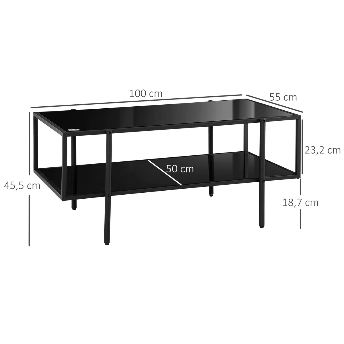 Side Table Coffee Table with 2 Shelves Tempered Glass Coffee Table for Living Room Bedroom 100 x 55 x 45.5 cm Steel Black