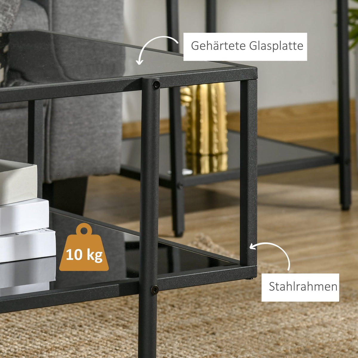 Side Table Coffee Table with 2 Shelves Tempered Glass Coffee Table for Living Room Bedroom 100 x 55 x 45.5 cm Steel Black