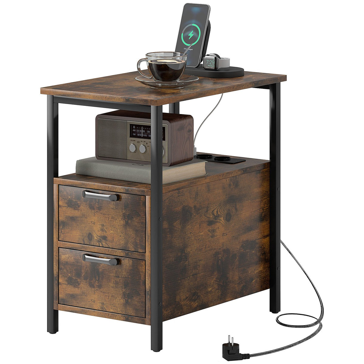 Side Table Coffee Table with Charging Station, USB Ports and Sockets, Bedside Table with 2 Drawers, Shelf for Living Room, Bedroom, Rustic Brown
