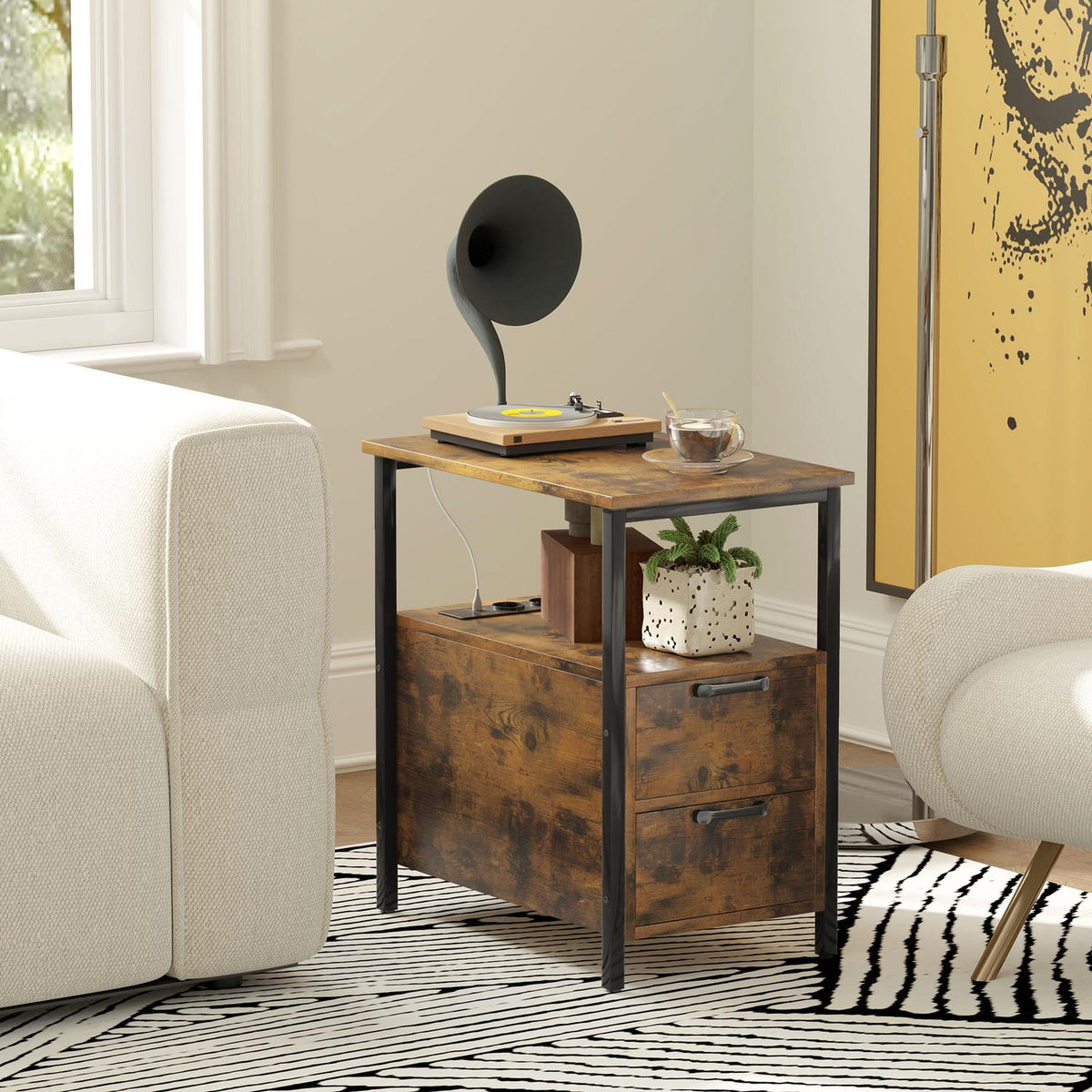 Side Table Coffee Table with Charging Station, USB Ports and Sockets, Bedside Table with 2 Drawers, Shelf for Living Room, Bedroom, Rustic Brown