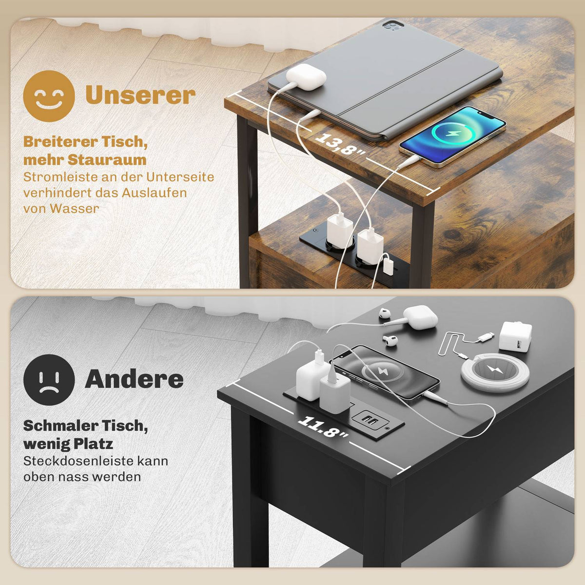 Side Table Coffee Table with Charging Station, USB Ports and Sockets, Bedside Table with 2 Drawers, Shelf for Living Room, Bedroom, Rustic Brown