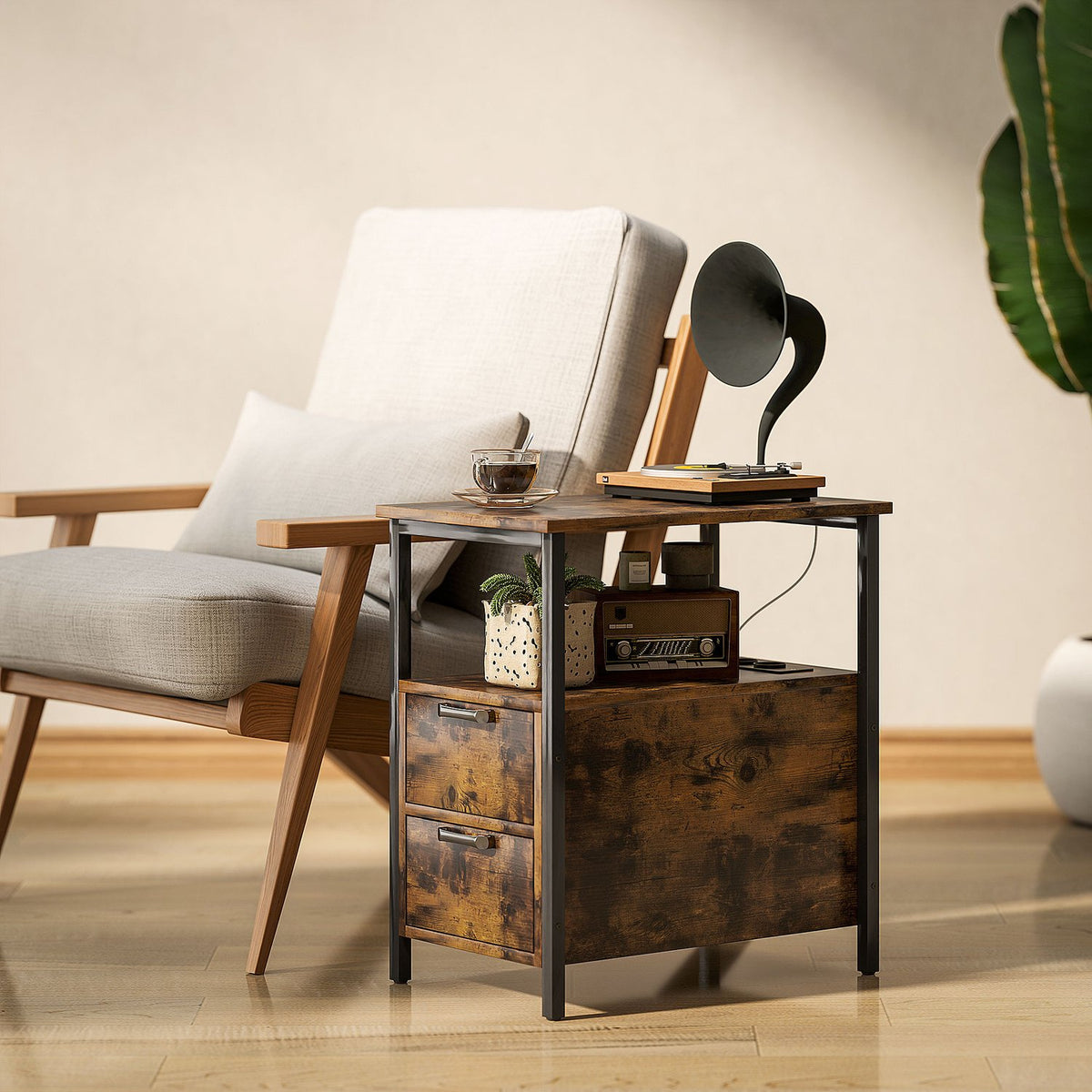 Side Table Coffee Table with Charging Station, USB Ports and Sockets, Bedside Table with 2 Drawers, Shelf for Living Room, Bedroom, Rustic Brown
