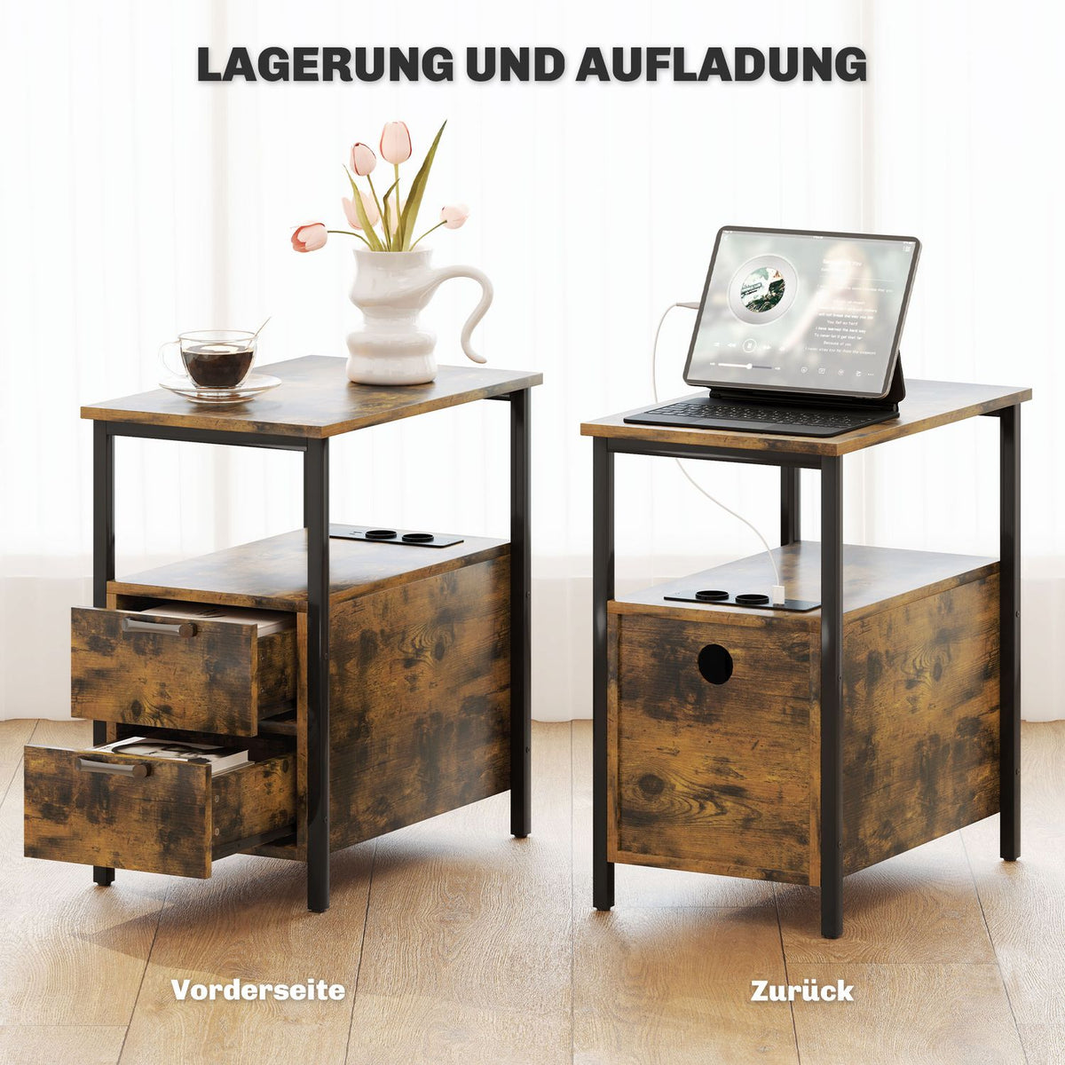 Side Table Coffee Table with Charging Station, USB Ports and Sockets, Bedside Table with 2 Drawers, Shelf for Living Room, Bedroom, Rustic Brown