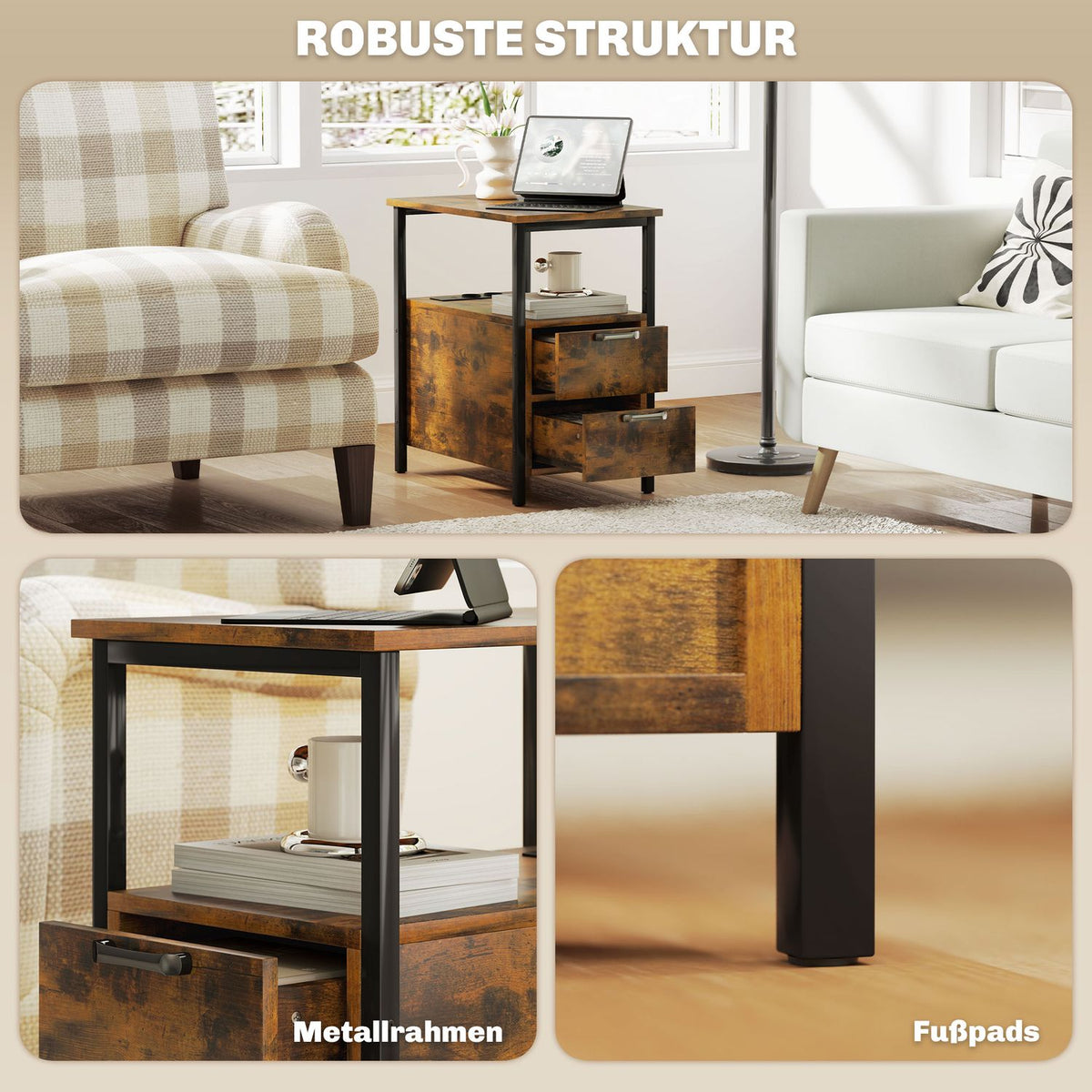 Side Table Coffee Table with Charging Station, USB Ports and Sockets, Bedside Table with 2 Drawers, Shelf for Living Room, Bedroom, Rustic Brown