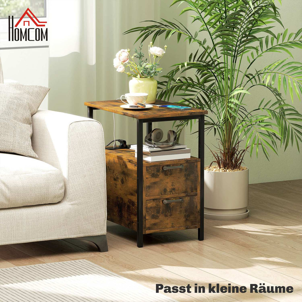 Side Table Coffee Table with Charging Station, USB Ports and Sockets, Bedside Table with 2 Drawers, Shelf for Living Room, Bedroom, Rustic Brown