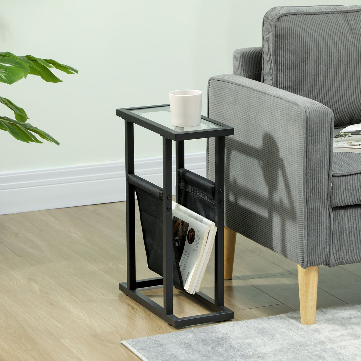 Side Table Coffee Table with Fabric Bag Metal Frame Coffee Table with Glass Top Bedside Table for Living Room Bedroom Black 40 x 18 x 55.5 cm