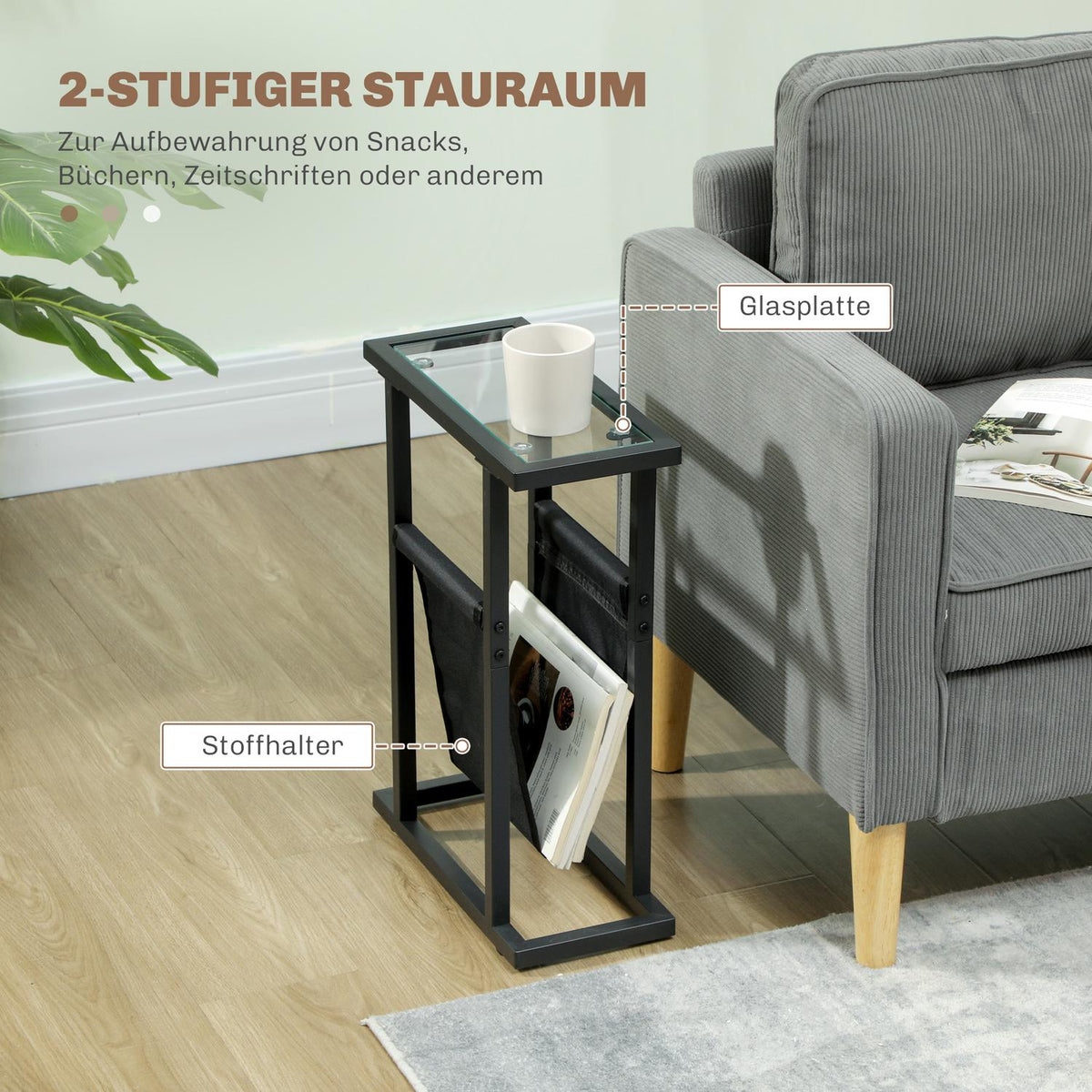 Side Table Coffee Table with Fabric Bag Metal Frame Coffee Table with Glass Top Bedside Table for Living Room Bedroom Black 40 x 18 x 55.5 cm