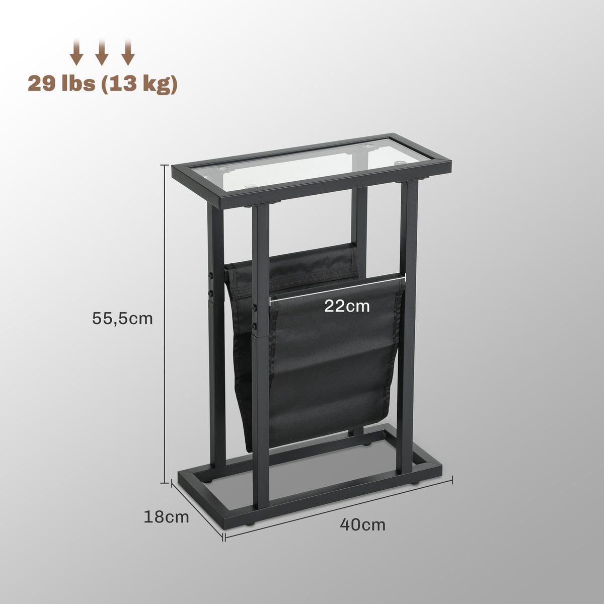 Side Table Coffee Table with Fabric Bag Metal Frame Coffee Table with Glass Top Bedside Table for Living Room Bedroom Black 40 x 18 x 55.5 cm