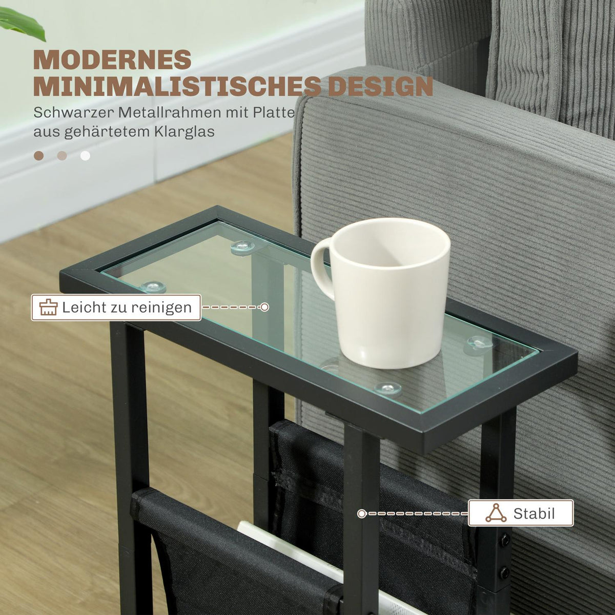 Side Table Coffee Table with Fabric Bag Metal Frame Coffee Table with Glass Top Bedside Table for Living Room Bedroom Black 40 x 18 x 55.5 cm