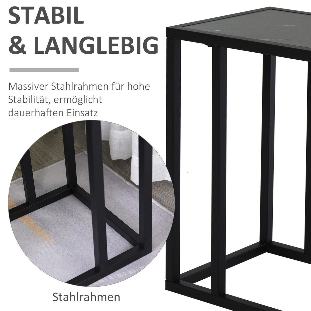 Side Table, Coffee Table with Marble Effect, Coffee Table with Metal Frame, for Living Room, Bedroom, 45 x 30 x 51.5 cm Black