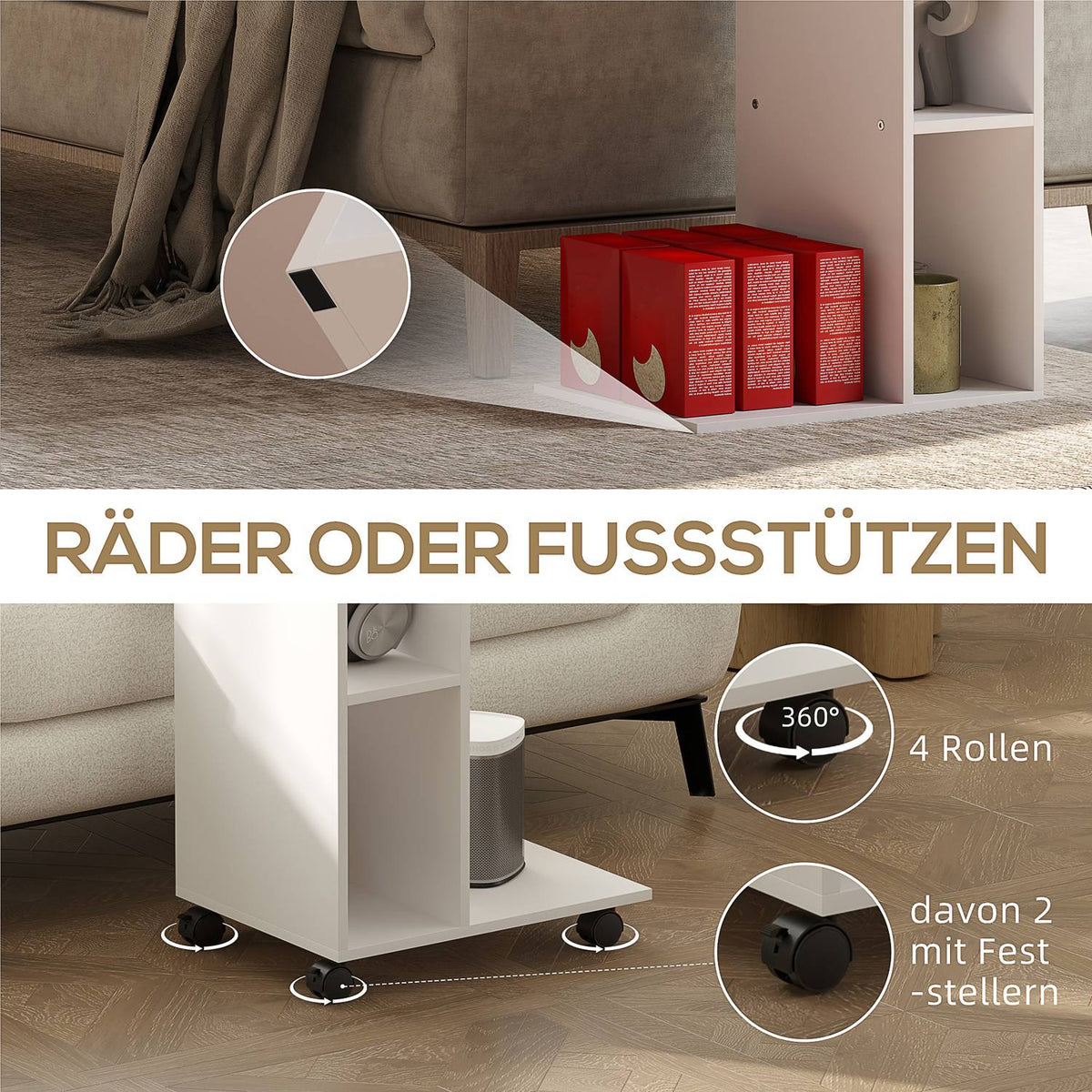 Side Table Coffee Table with Wheels Desk with 4 Shelves Sofa Table Laptop Table Bed Table for Dining Room Living Room White