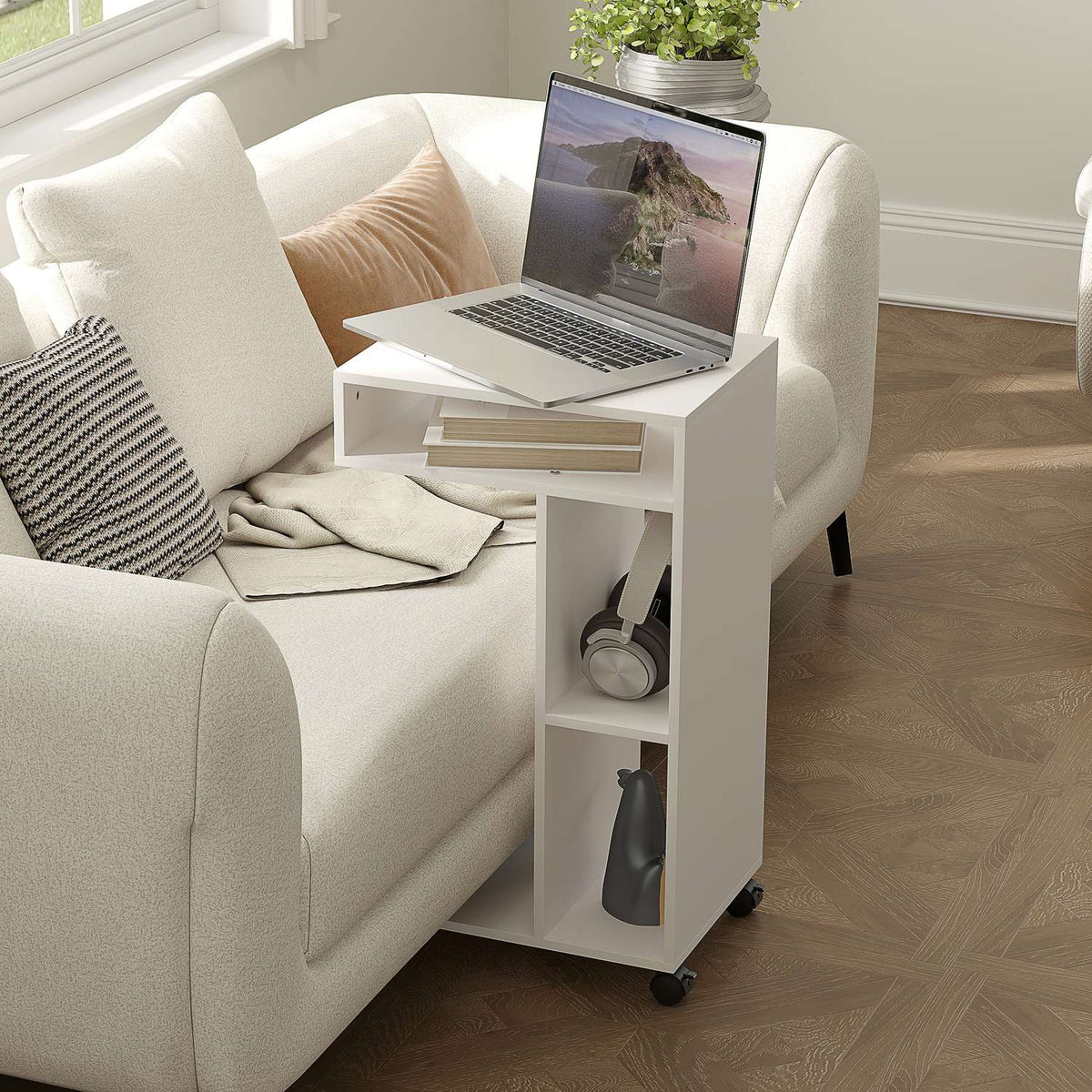 Side Table Coffee Table with Wheels Desk with 4 Shelves Sofa Table Laptop Table Bed Table for Dining Room Living Room White