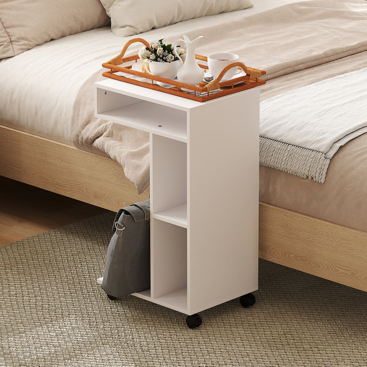 Side Table Coffee Table with Wheels Desk with 4 Shelves Sofa Table Laptop Table Bed Table for Dining Room Living Room White