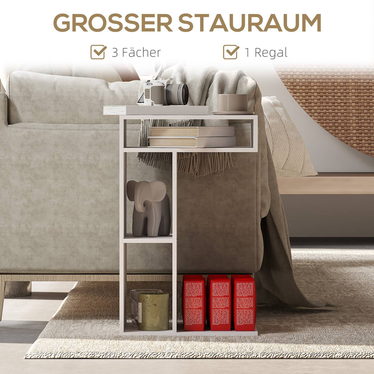 Side Table Coffee Table with Wheels Desk with 4 Shelves Sofa Table Laptop Table Bed Table for Dining Room Living Room White