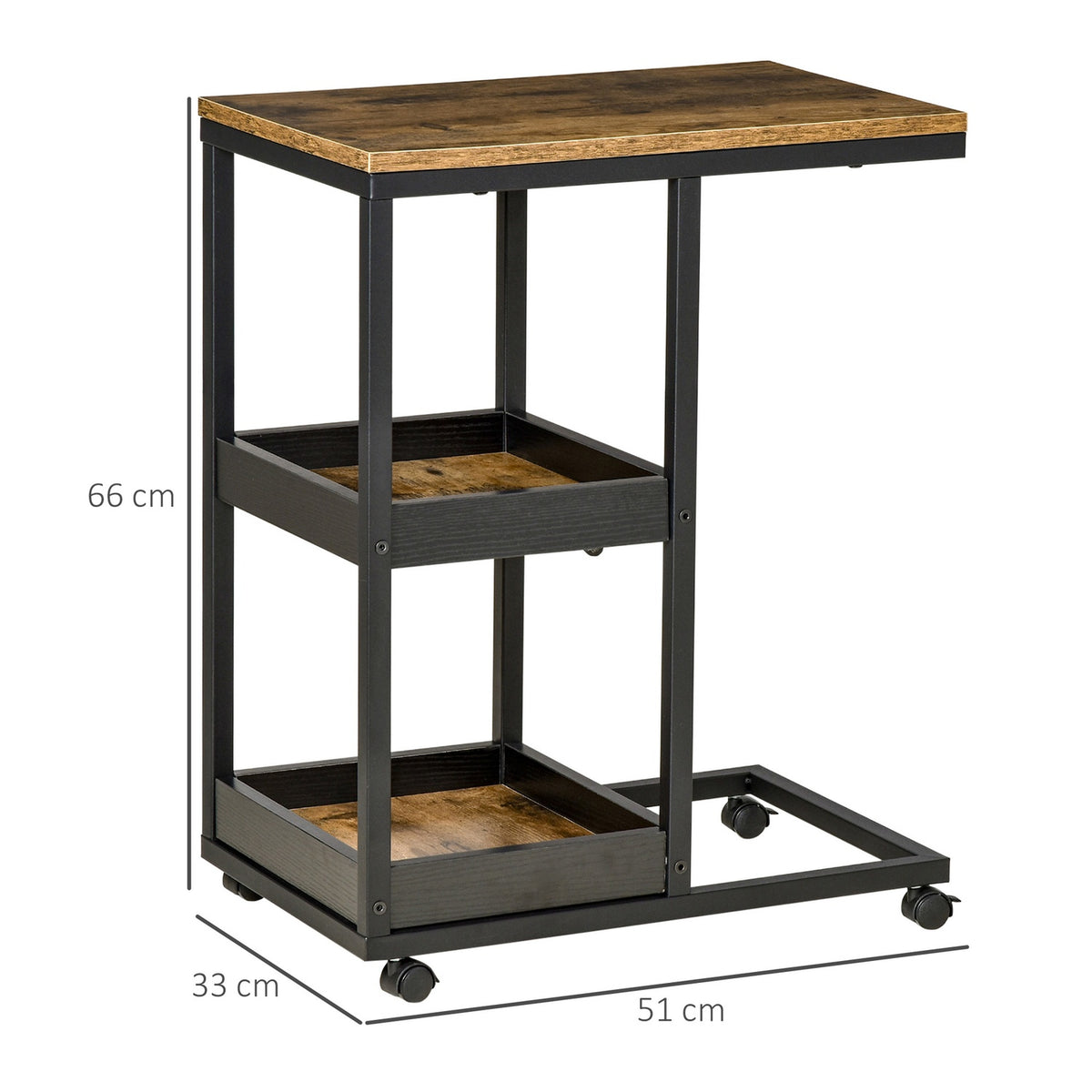 Side Table Coffee Table with Wheels Shelf Industrial Style Coffee Table for Living Room Bedroom Dark Brown 51 x 33 x 66 cm
