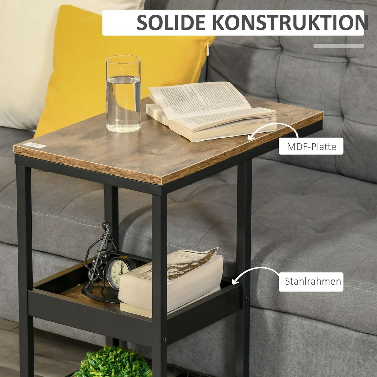 Side Table Coffee Table with Wheels Shelf Industrial Style Coffee Table for Living Room Bedroom Dark Brown 51 x 33 x 66 cm