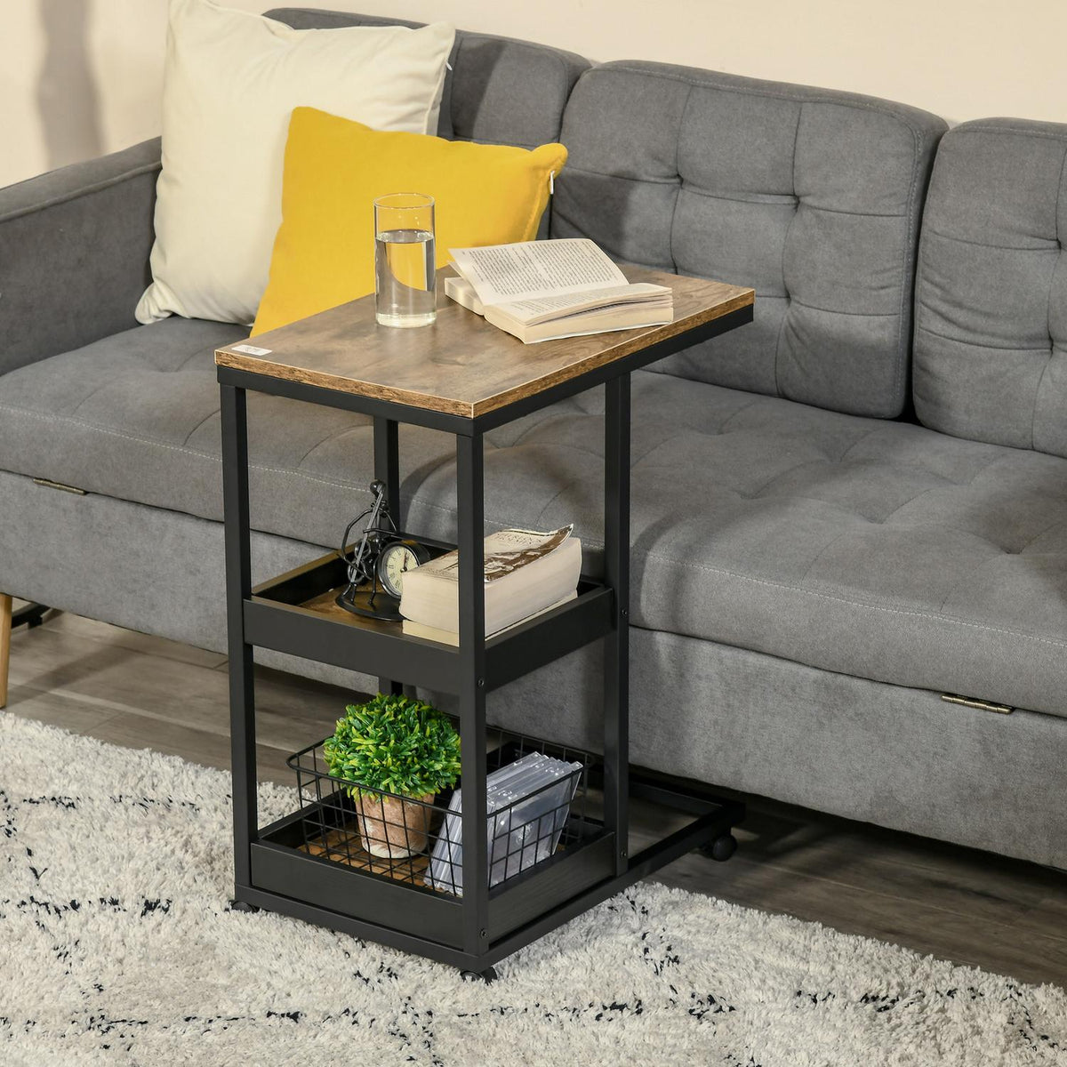 Side Table Coffee Table with Wheels Shelf Industrial Style Coffee Table for Living Room Bedroom Dark Brown 51 x 33 x 66 cm